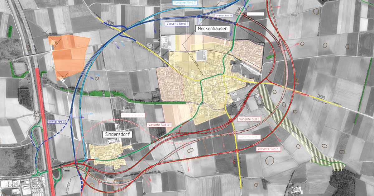 Neun Varianten wurden für die Umgehung Meckenhausen/Sindersdorf (Plan)